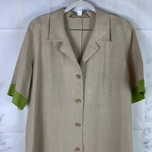 Marina Rinaldi Puro Lino Linen Green Contrast Trim Side Slit Button Midi Dress - Picture 4 of 15